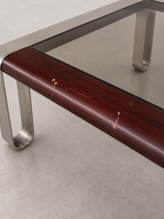 1970s/1980s steel, wood & smoked glass Coffee table, Silver (photo 4 of 5)