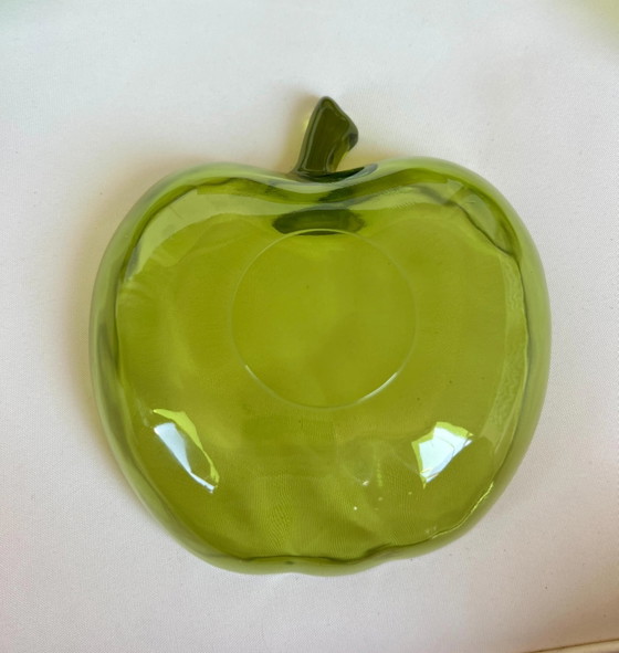 Vintage Groene Glazen Fruitschaal met 6 Dessertschaaltjes | Appelvorm | Jaren 70 Glazen Schalenset | – Glass (photo 7 of 8)