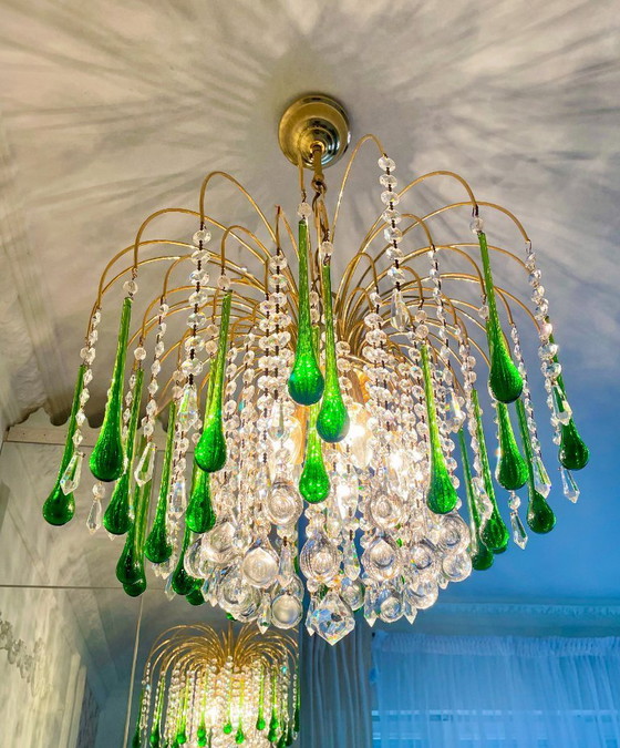 Image 1 of Lustre cascade vintage italien de Murano vert – années 1970