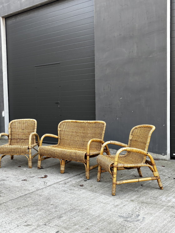 Image 1 of Vintage rotan tuinset – bank, 2 fauteuils en salontafel (jaren 70) 