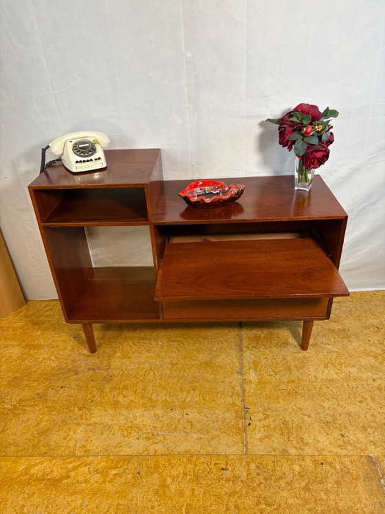 Image 1 of Mid Century Retro Teak Telephone Seat / Media Cabinet (Circa 1960)  A superb mid century vintage teak telephone seat dating from