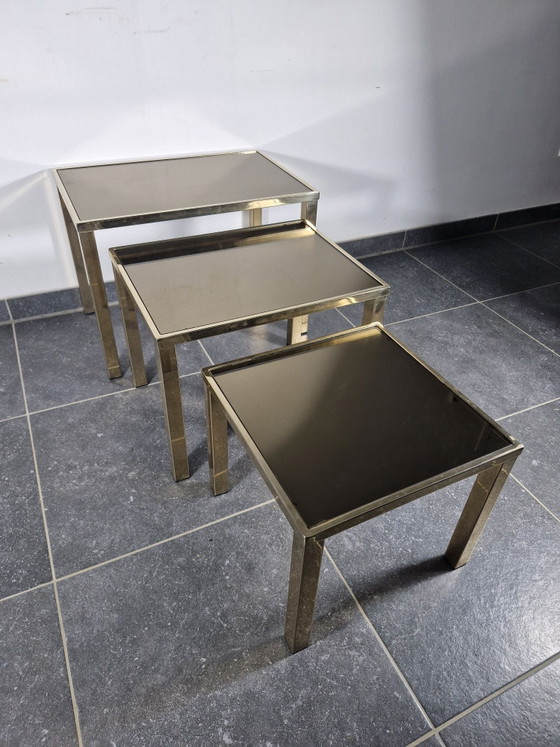 Set van 3 vintage nesttafels, Hollywood Regency-stijl, Belgochrom, Bijzettafels, Chroom, Gold (foto 12 van 12)