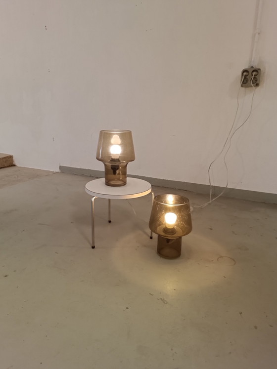 Image 1 of 2 x brown glass mushroom table lamps 