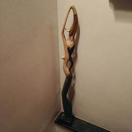 Art Deco wooden dancer statue – Balinese style, hand-carved, marble base, 70cm – beeldhouwkunst