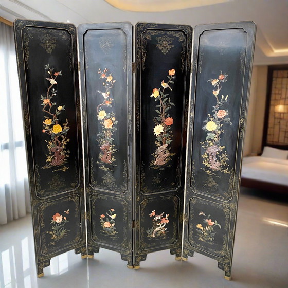 Image 1 of Mid - Century Chinese Room Divider Speck Stone Hand Painted 1950s