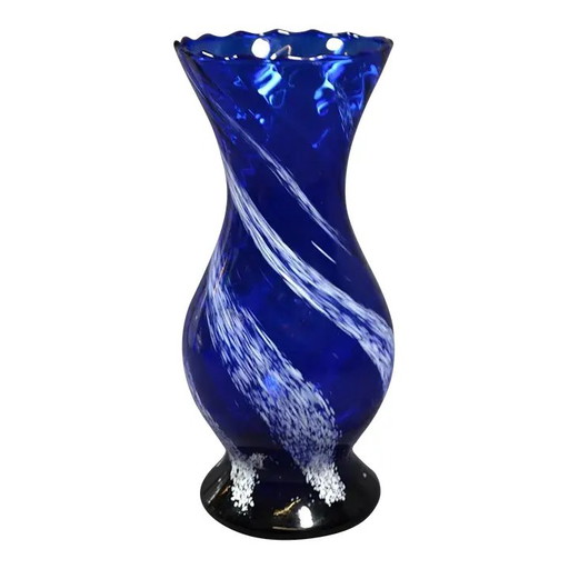 1970s Murano Blue Glass Baluster Vase With Iattimo Decoration, Signed
