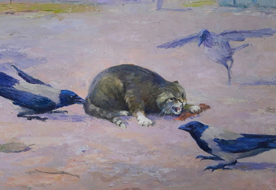 Original Oil Painting Animals Cat Birds Raven Strategy – Paintings & Drawings, Canvas (photo 8 of 8)