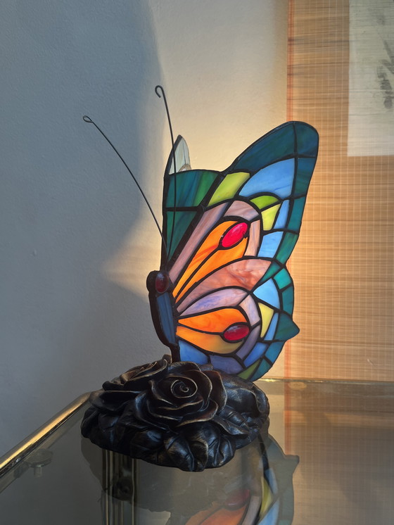 Image 1 of Set Of 2 Stained Glass Table Lamps Butterfly Lamps