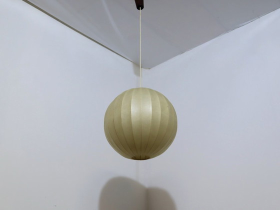 Image 1 of 1970s Italian Cocoon Globe Pendant Lamp with teak details