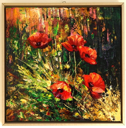 Red Poppies in Motion – Original Abstract Floral Oil Painting, cm