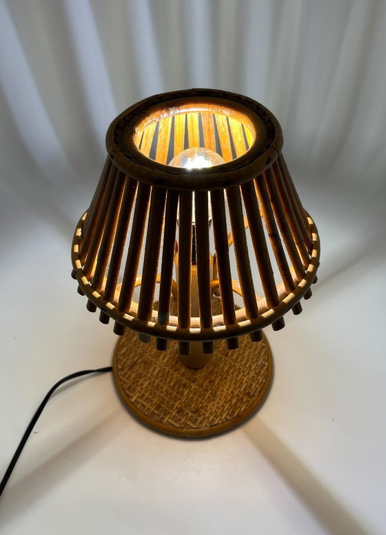 Image 1 of Lampe de table vintage en bambou et rotin – Style milieu du siècle