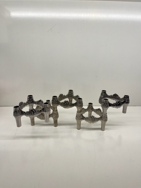 Lot of 4 "Quist" Stoff Nagel modular chrome stackable vintage candle holders, Metal, Silver (photo 2 of 7)