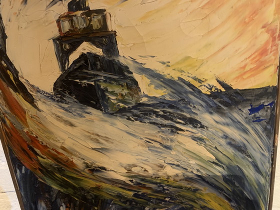 Pintura firmada, titulada 'Tormenta en el Mar'. – Arte, Madera, Lienzo (photo 6 of 10)