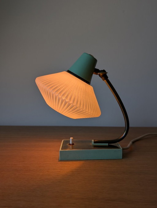 Rare German Mid-Century Table Lamp | Mint Green and Brass | Original Ribbed Glass Shade | 1950s–1960s