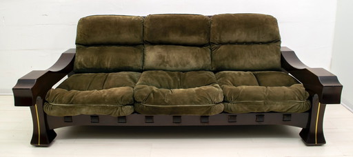 Sofá italiano Mid-Century Mid-Century de ante y madera "Ussaro", años 70