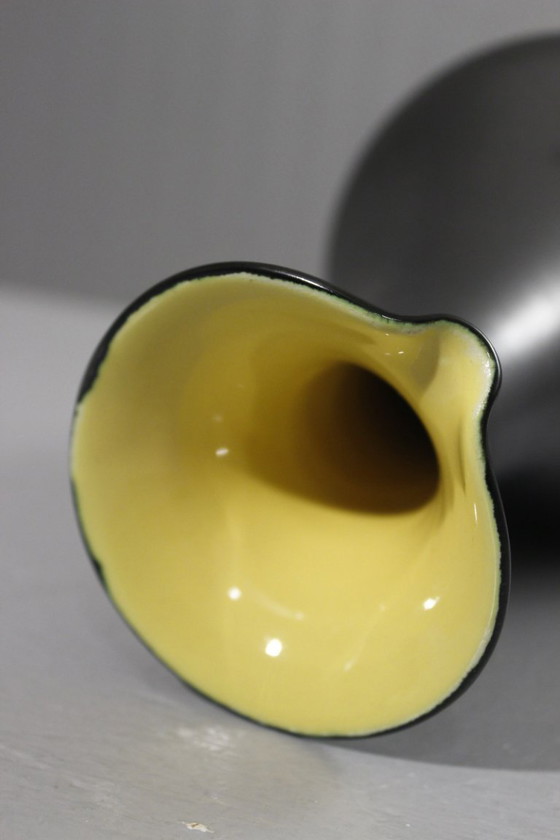 Image 1 of Vintage 1950s black satin & yellow ceramic pitcher by Louviers Poteries Normandes