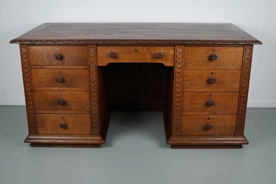 Image 1 of Antiker niederländischer Jugendstil-Schreibtisch/-Theke aus geschnitzter Eiche, frühes 20. Jahrhundert