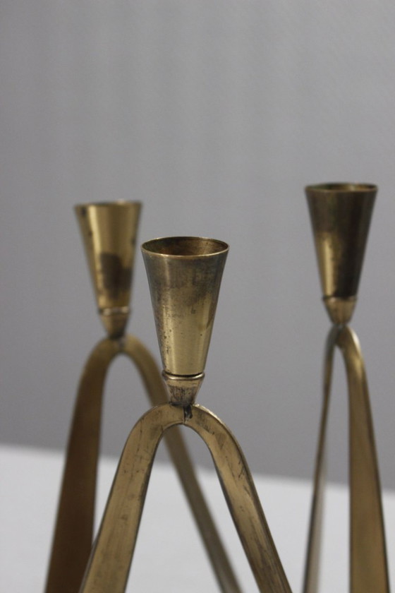 Image 1 of Vintage brass three-light candlestick, modernist design, 1950s