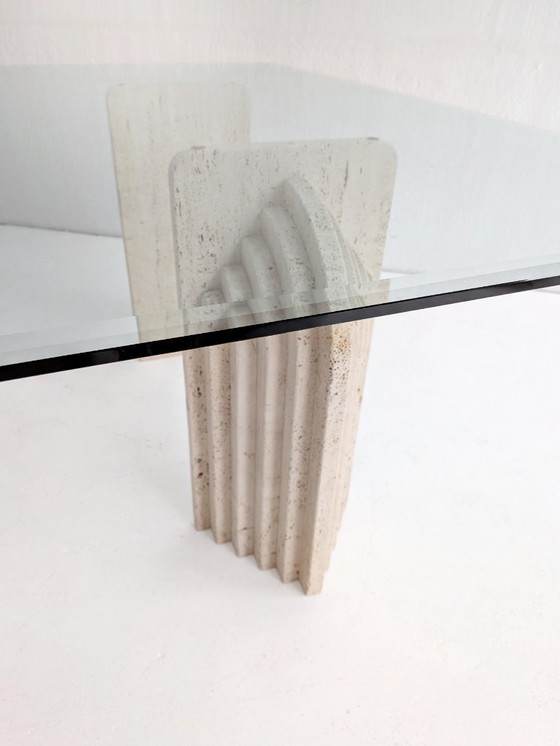 Image 1 of Travertine & Glass Dining Table with Sculpted Legs 1970s