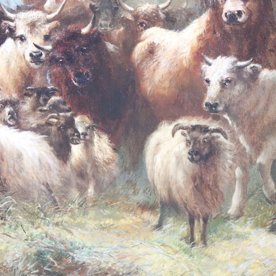 Image 1 of Large Oil Painting on Canvas, Herd of Cattle, Signed Watson W. 19th Century