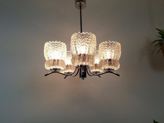 Image 1 of Suspension vintage en cristal, lustre milieu du siècle, Emi Poljcane avec cinq abat-jour en cristal