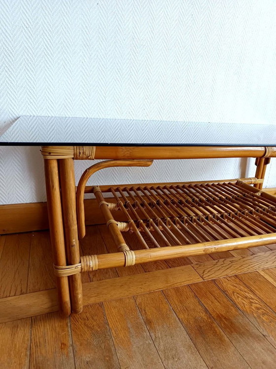 Vintage rotan salontafel uit de jaren 60 – Rattan, Glass (photo 7 of 10)