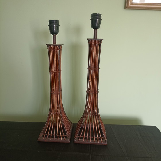 Image 1 of Karaktervol duo vintage tafellampen – Metaal & Rotan – Brutalist Style