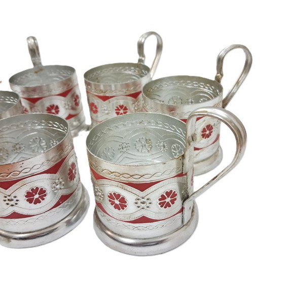 Image 1 of Set Podstakannik russo d'epoca (epoca URSS) - Set di 6 porta bicchieri da tè