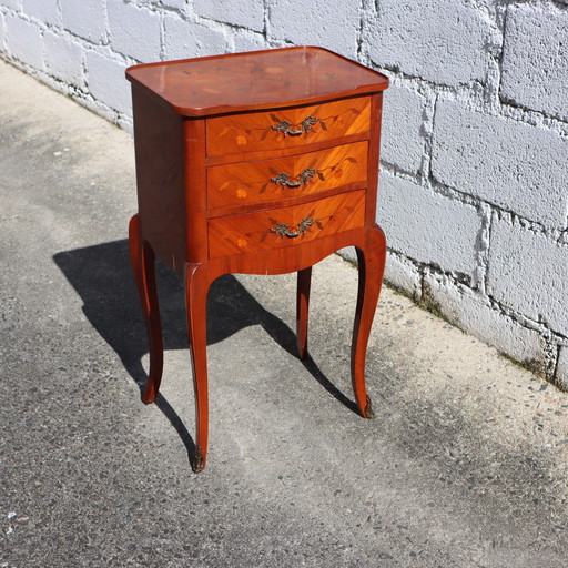 French Vintage Wooden 3 Drawer Console - Marquetry Table - Wooden Cabinet - Bedside Side Table - Style Louis XV - 50s