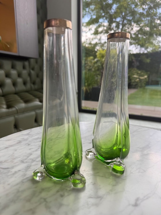 Two glass Vases, green and finished with silver, J H Worrall Son & Co Ltd 1909, Vintage (photo 5 of 5)
