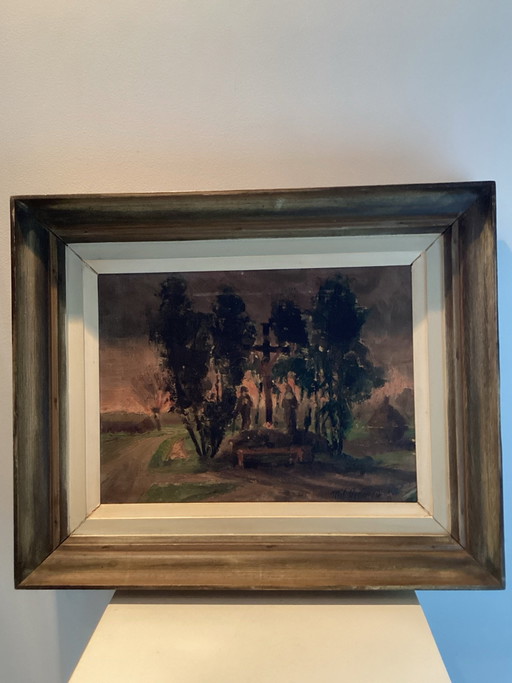 Pintura Expresionista Flamenca Atmosférica Calvario/Vía Crucis en el Bosque (atribuida a/círculo de Alfons Vermeir.