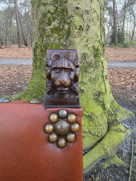 Image 1 of Set 4 vintage leren eetkamerstoelen eiken