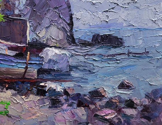 Original Oil Painting Seashore Rocks Boat On The Shore Calm Of A Sea Morning – Paintings & Drawings, Canvas (photo 7 of 7)