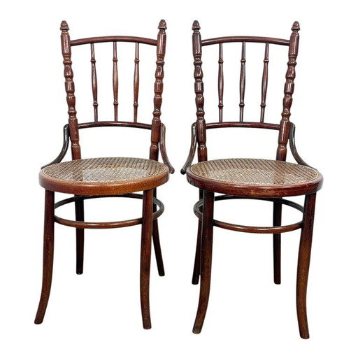 Set of two antique Fischel bentwood chairs – Viennese café chairs – webbing seats