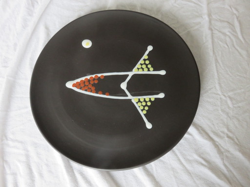 André Baud, Vallauris, Large Ceramic Dish, Glazed Earthenware, Signed, 50's