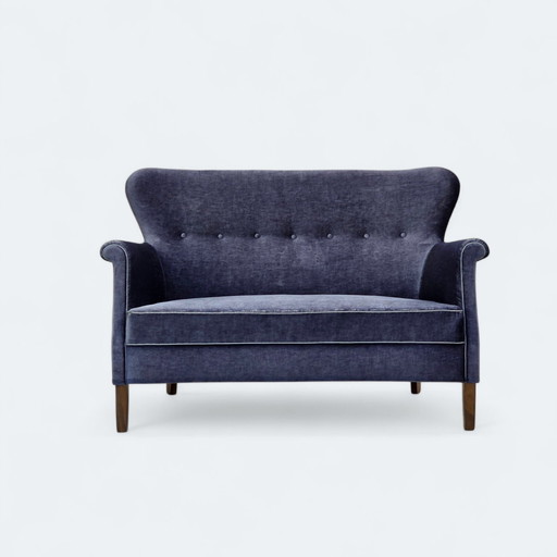 1960 Deense 2-zitsbank, origineel blauw meubelfluweel, beukenhouten poten