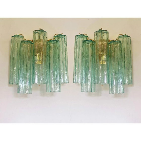 Image 1 of Coppia di applique da parete contemporanee italiane in vetro di Murano “Tronchi” in tonalità verde.