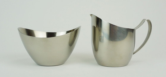Image 1 of danish modern 3-piece SET sugar bowl creamer and tray stainless steel made in denmark