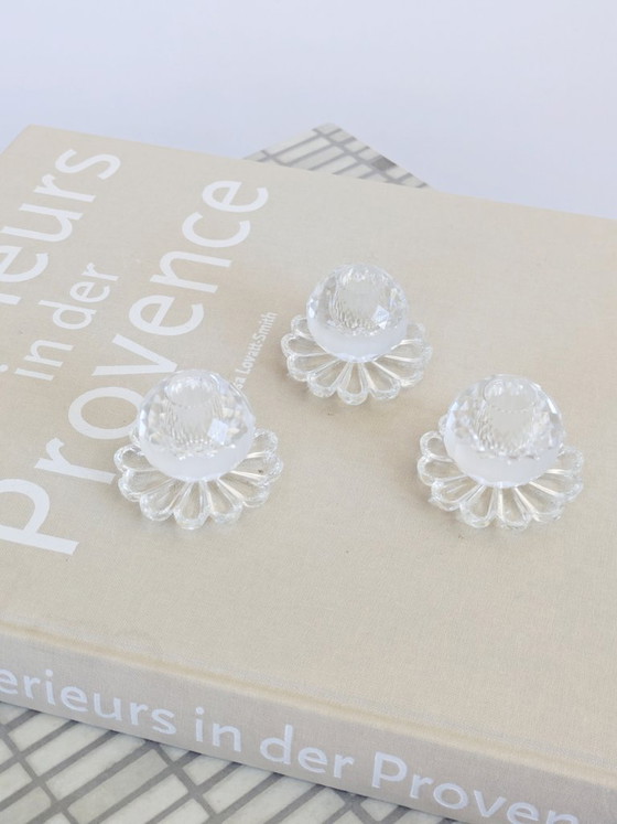 Image 1 of Set of 3 Vintage Crystal Candle Holders, Midcentury Faceted Glass Daisy Base Ornaments