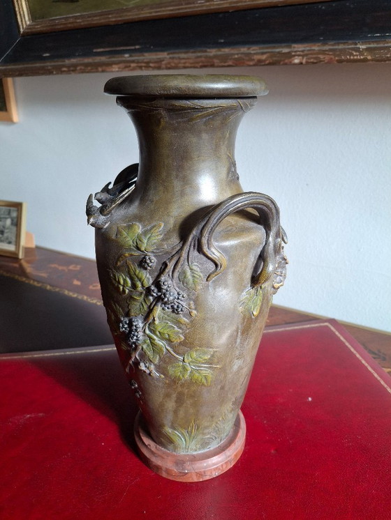 Image 1 of Pair of Art Nouveau spelter vases with triple patina, signed Louis and François Moreau