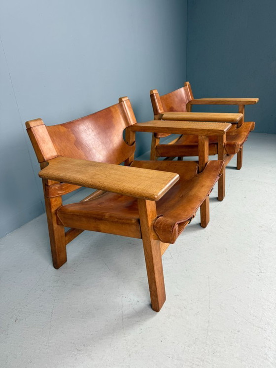 Image 1 of 2x Børge Mogensen Cognac-Leder und Eiche, spanischer Stuhl für Fredericia, 1960