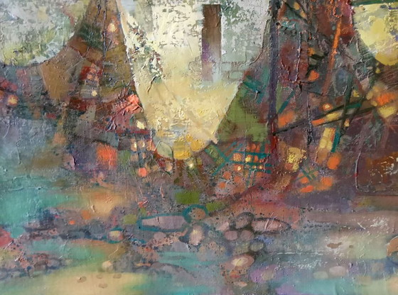 Original Ölgemälde Abstrakter Expressionismus Meeresküste Stadt Fischernetze – Gemälde & Zeichnungen, Canvas (photo 6 of 9)