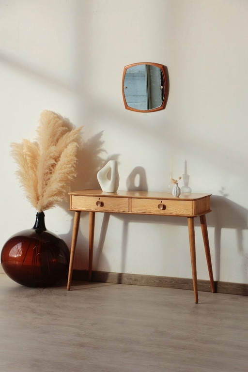 Vintage consoletafel van massief eikenhout – Spindelpoten & 2 lades