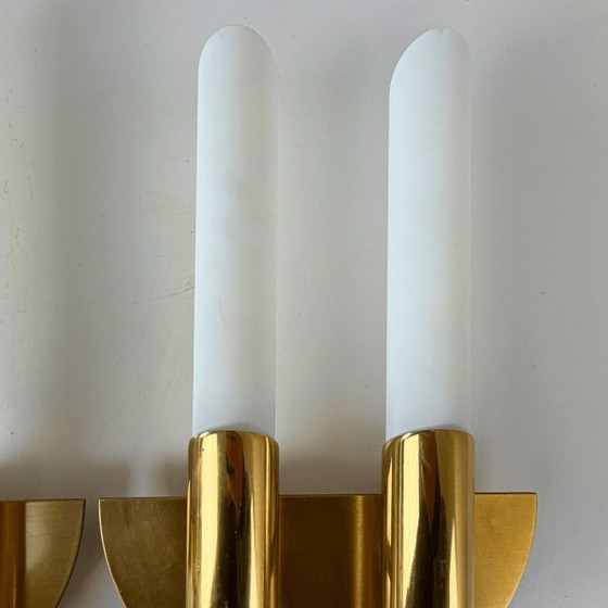 Image 1 of 2x design wandlamp Herbert Schmidt - messing, melkglas