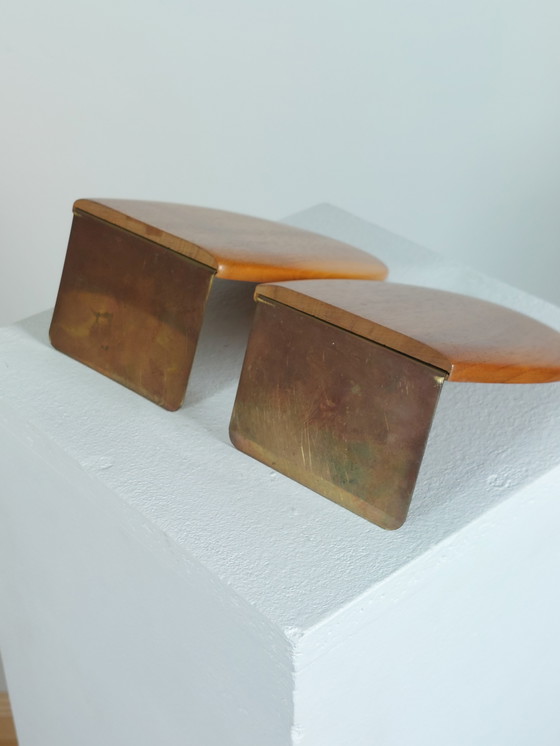 Image 1 of 2 x Vintage Mid - Century bookend brass wood
