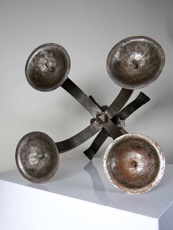 Image 1 of Pair of Massive Brutalist Wrought Iron 4-Light Vintage Candlesticks