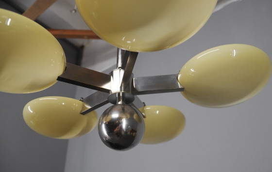 Image 1 of Uitzonderlijke Art Deco functionalistische kroonluchter met vernikkelde afwerking, jaren 1930