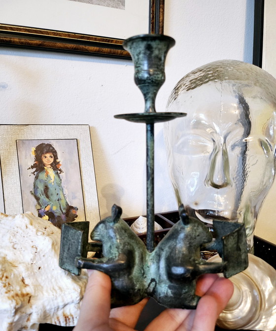 Image 1 of Bougeoir vintage en bronze patiné vert