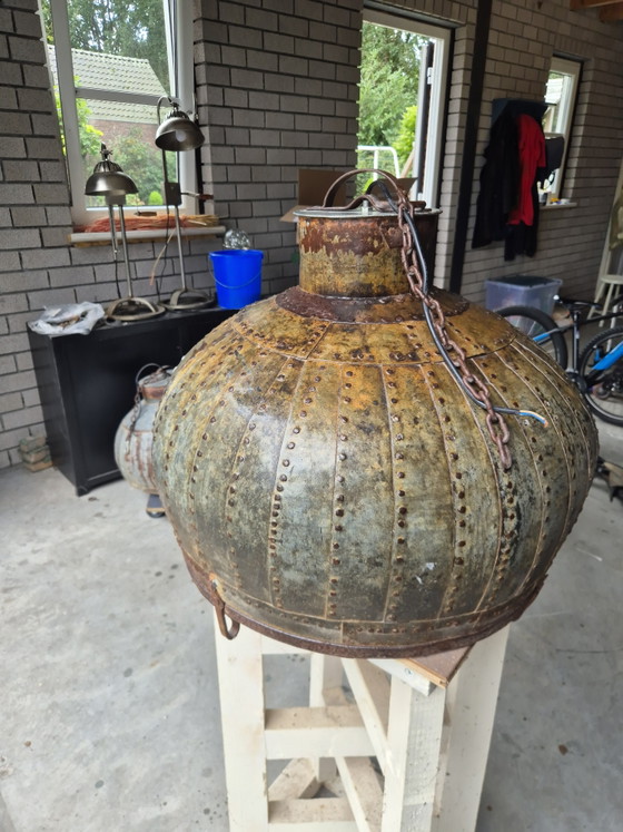 Beautiful Indian Water Jug Lamp, Industrial, Original And Authentic! – Pendant lamps, polished steel, Metal (photo 3 of 5)