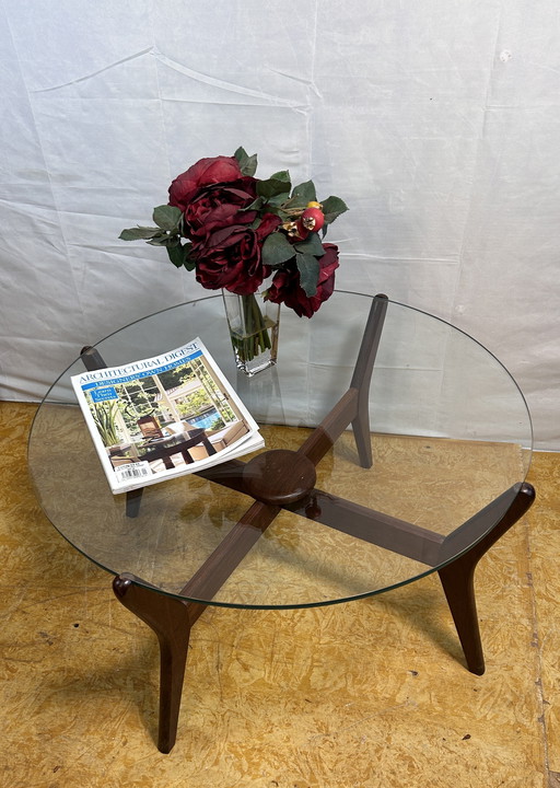 Mid-Century Retro Vintage Teak Coffee Table with Round Glass Top – 1960  In the Style of Adrian Pearsall | Danish Design Influen
